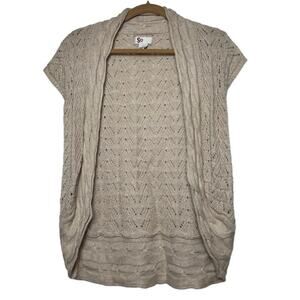 Beige Cardigan Womens Small Short Sleeve Sweater Tan Knit Open Top Boho Shirt